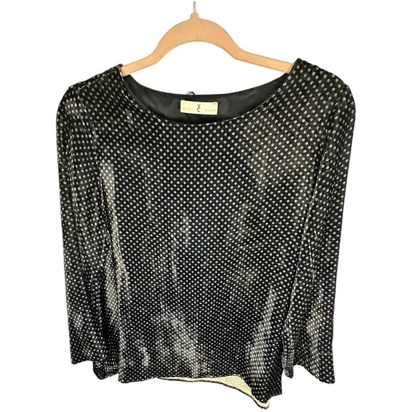 WHYCI Milano Polka Dot Velvet Silk-Blend Long Sleeve‎ Blouse Black White Size 46 - Picture 1 of 7
